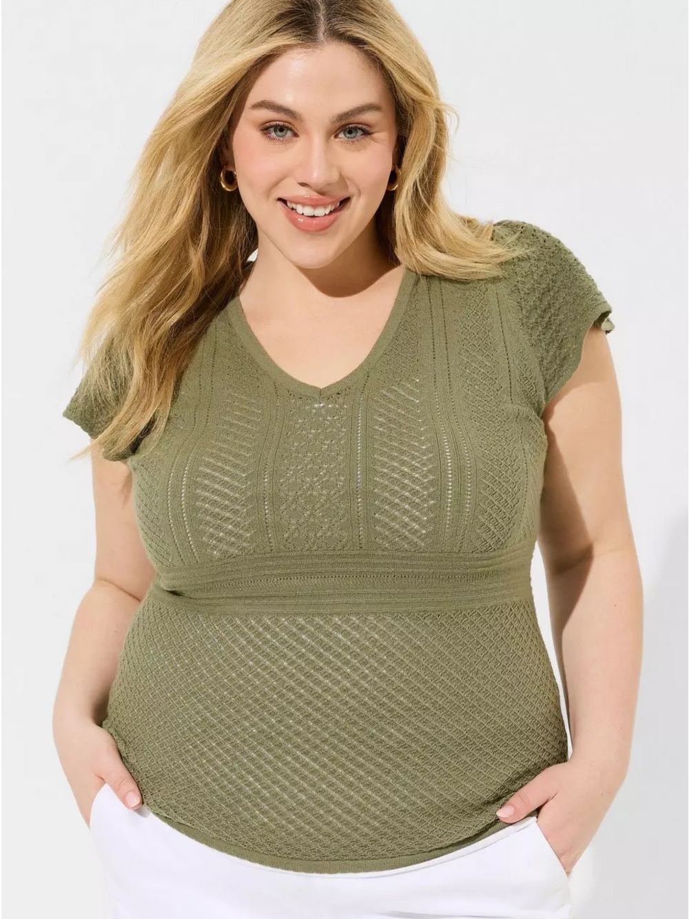 TORRID EVERYDAY SOFT PULLOVER POINTELLE KNIT (CROCHET LOOK) V-NECK TOP, SIZE 3X